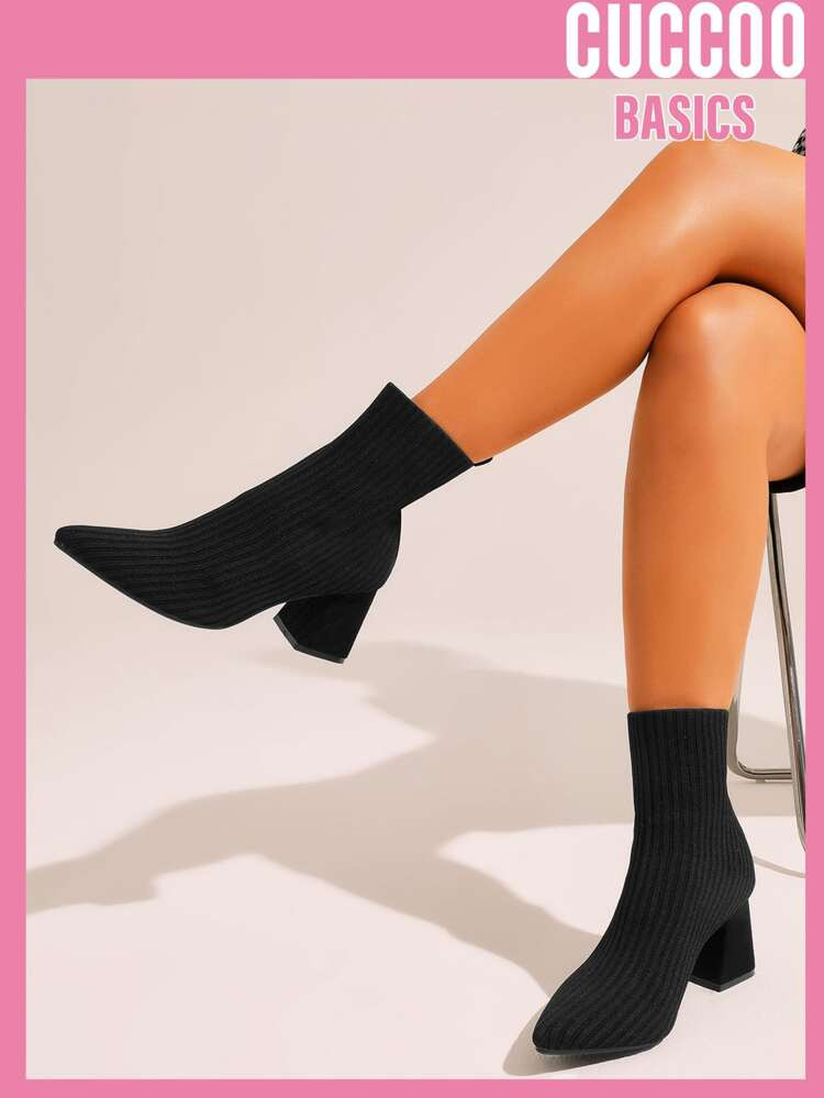 CUCCOO Basic Knit Detail Chunky Heeled Sock Boots | SHEIN