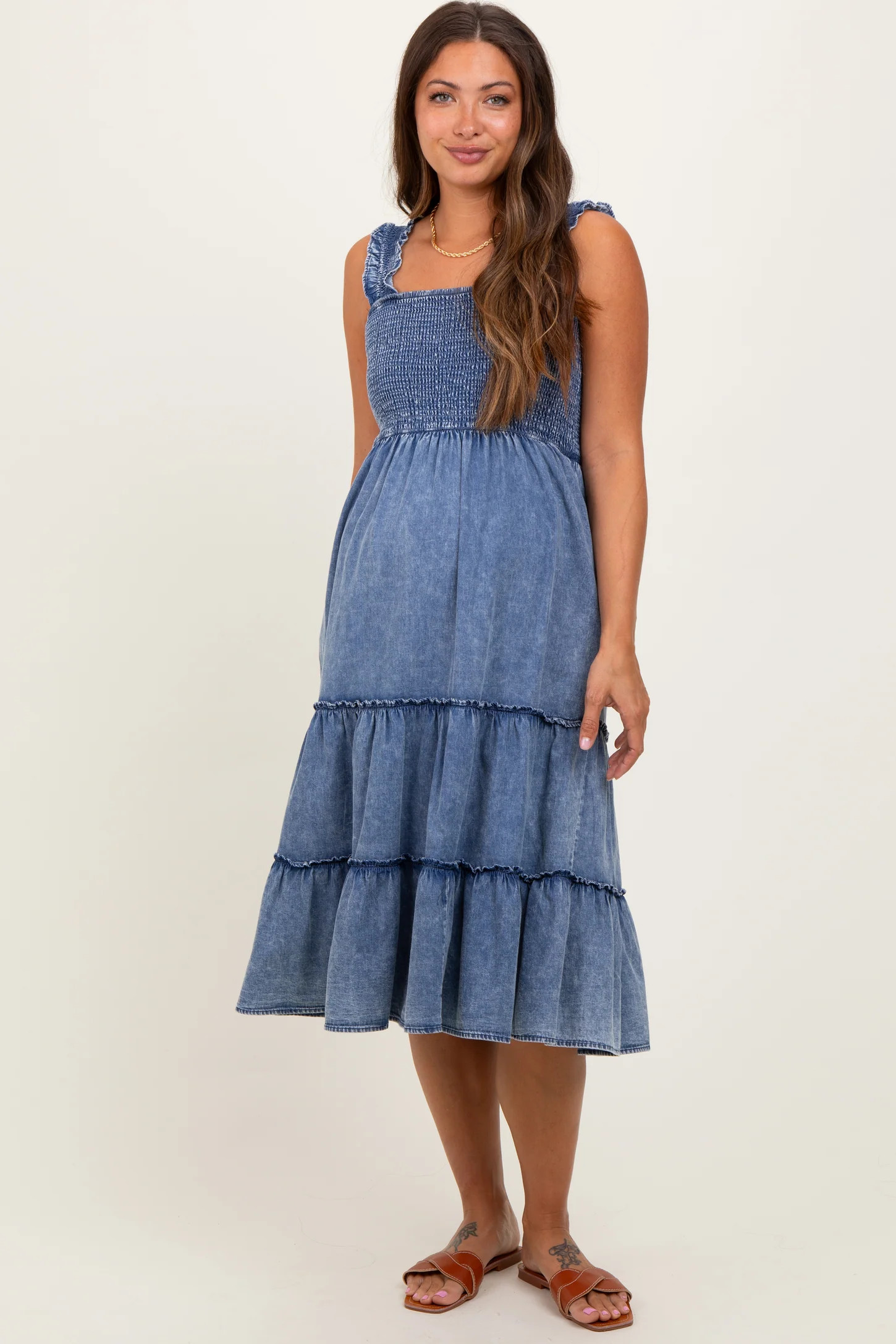 Blue Chambray Smocked Ruffle Tiered Maternity Midi Dress | PinkBlush Maternity