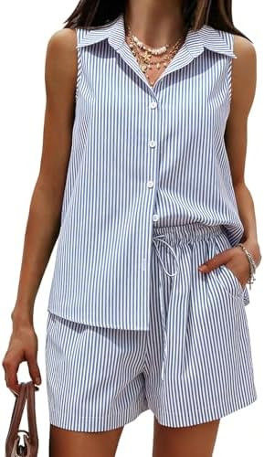 EXLURA Women's Summer 2 Piece Outfits Cotton Sleeveless Button Down Shirts Matching Shorts Sets C... | Amazon (US)