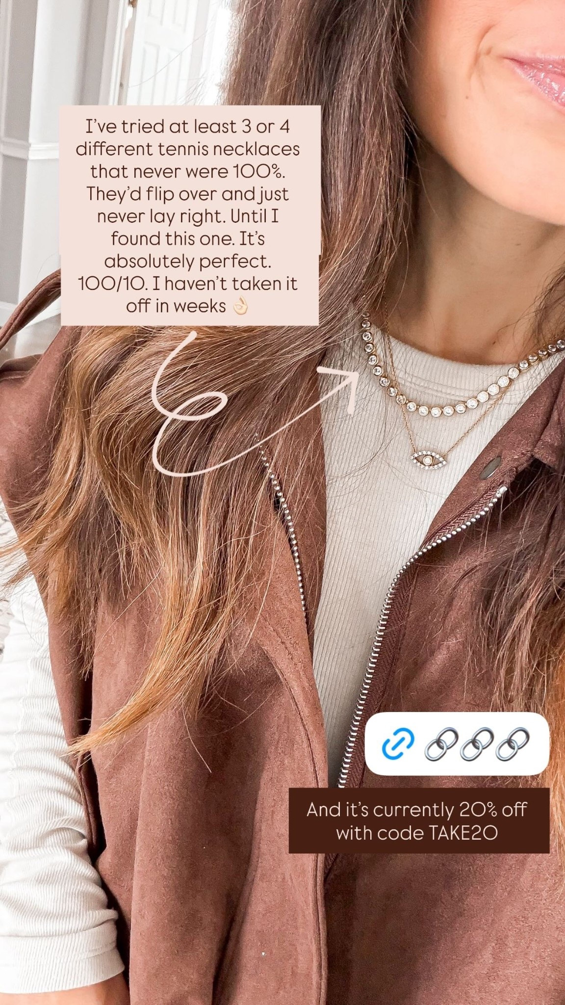 I’ve tried at least 3 or 4 different tennis necklaces that never were 100%. They’d flip over and just never lay right. Until I found this one. It’s absolutely perfect. 100/10. I haven’t taken it off in weeks 👌🏻 And it’s currently 20% off with code TAKE20
