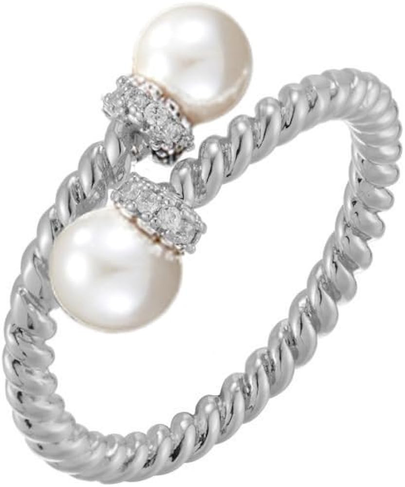 Double Pearls Open Twisted Band Statement Rings for Women Dainty Shiny CZ Large Round Pearl Adjus... | Amazon (US)
