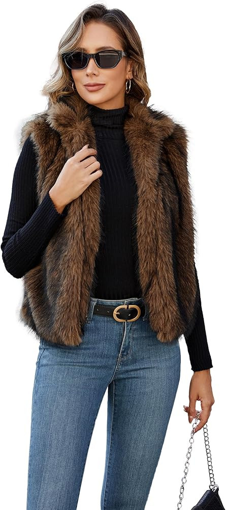 Womens Faux Fur Vest Stand Collar Sleeveless Open Front Cardigan Top Fuzzy Coats Jacket Fluffy Ou... | Amazon (US)
