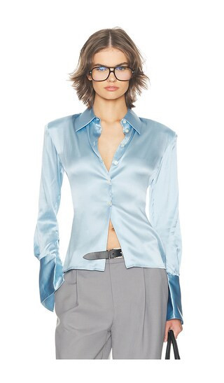Helsa The Silk Charmeuse Shirt in Baby Blue. - size M | Revolve Clothing (Global)