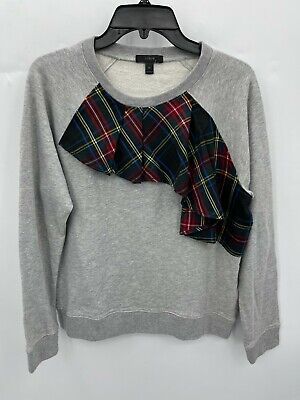J Crew Womens Medium Sweater Heather Gray Tartan Plaid Ruffle Detail Sweatshirt | eBay US