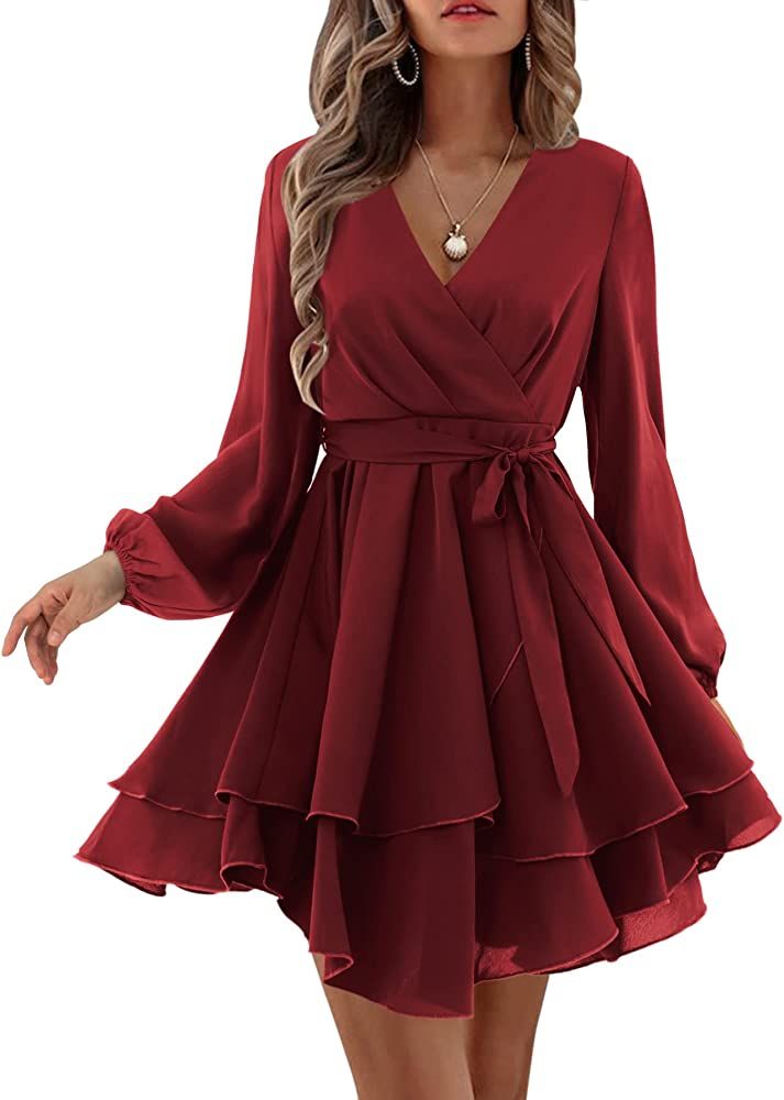 Amoretu Womens Casual Long/Short Sleeve Wrap V-Neck Ruffle Mini Dresses | Amazon (US)