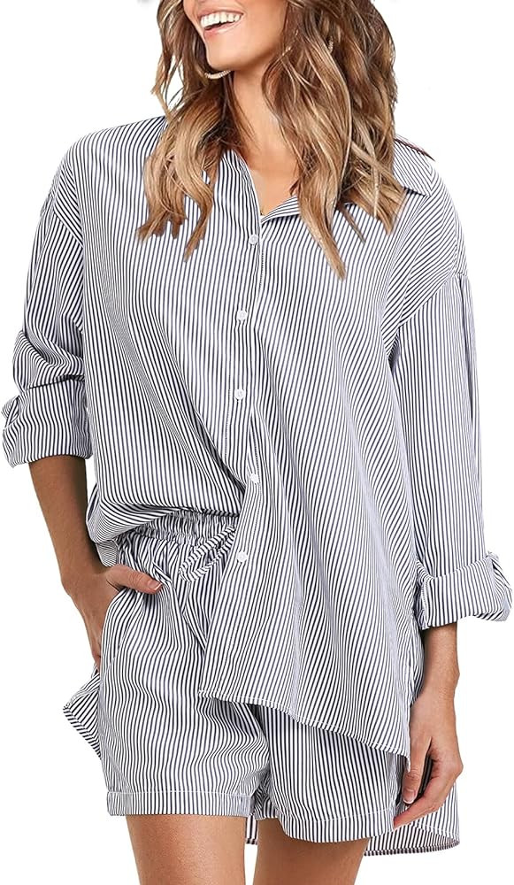 EXLURA Women's Summer 2 Piece Outfits Long Sleeve Button Down Shirts Matching Short Sets Oversize... | Amazon (US)