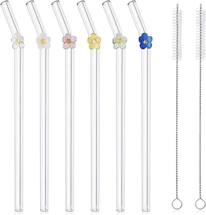 DUMING-IN 6 Pcs Reusable Glass Straws with 2 Cleaning Brushes, Cute Colorful Flower Glass Straws ... | Amazon (US)
