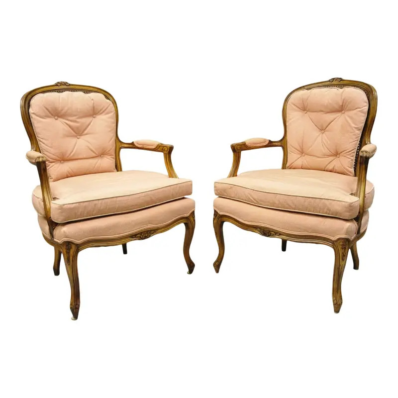 French Louis XV Provincial Style Carved Walnut Cane Back Arm Chairs - a Pair | Chairish