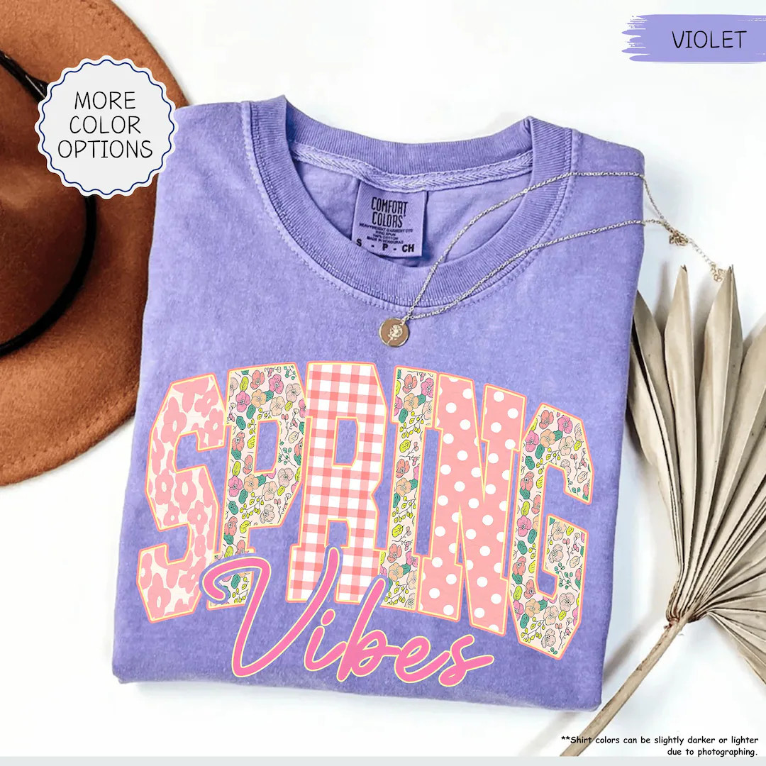 Comfort Colors® Spring Vibes Floral Shirt, Spring Easter T-shirt, Floral Lettering Tee, Girly Ch... | Etsy (US)