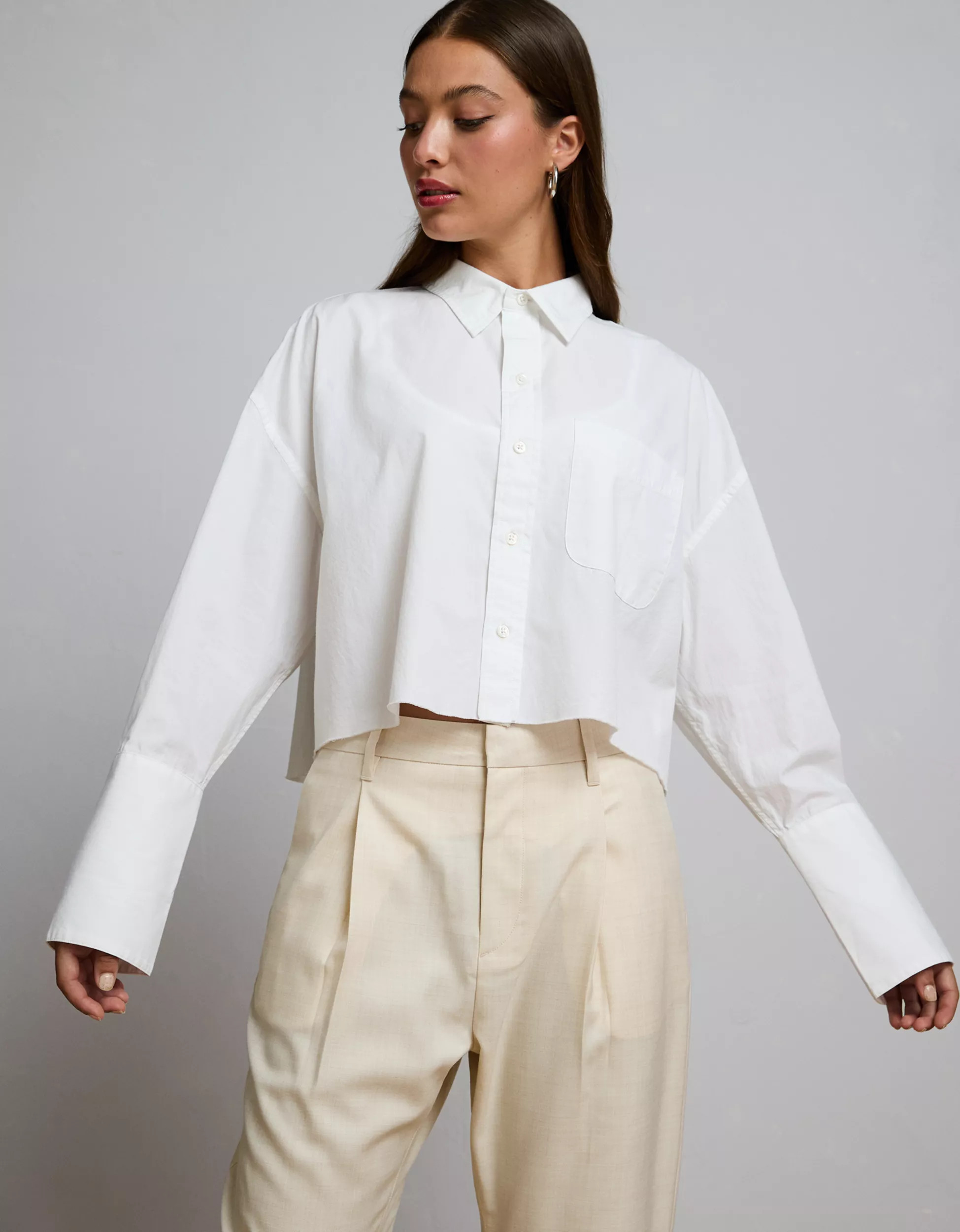AE77 Premium Long-Sleeve Boxy Crop Tuxedo Shirt | American Eagle Outfitters (US & CA)