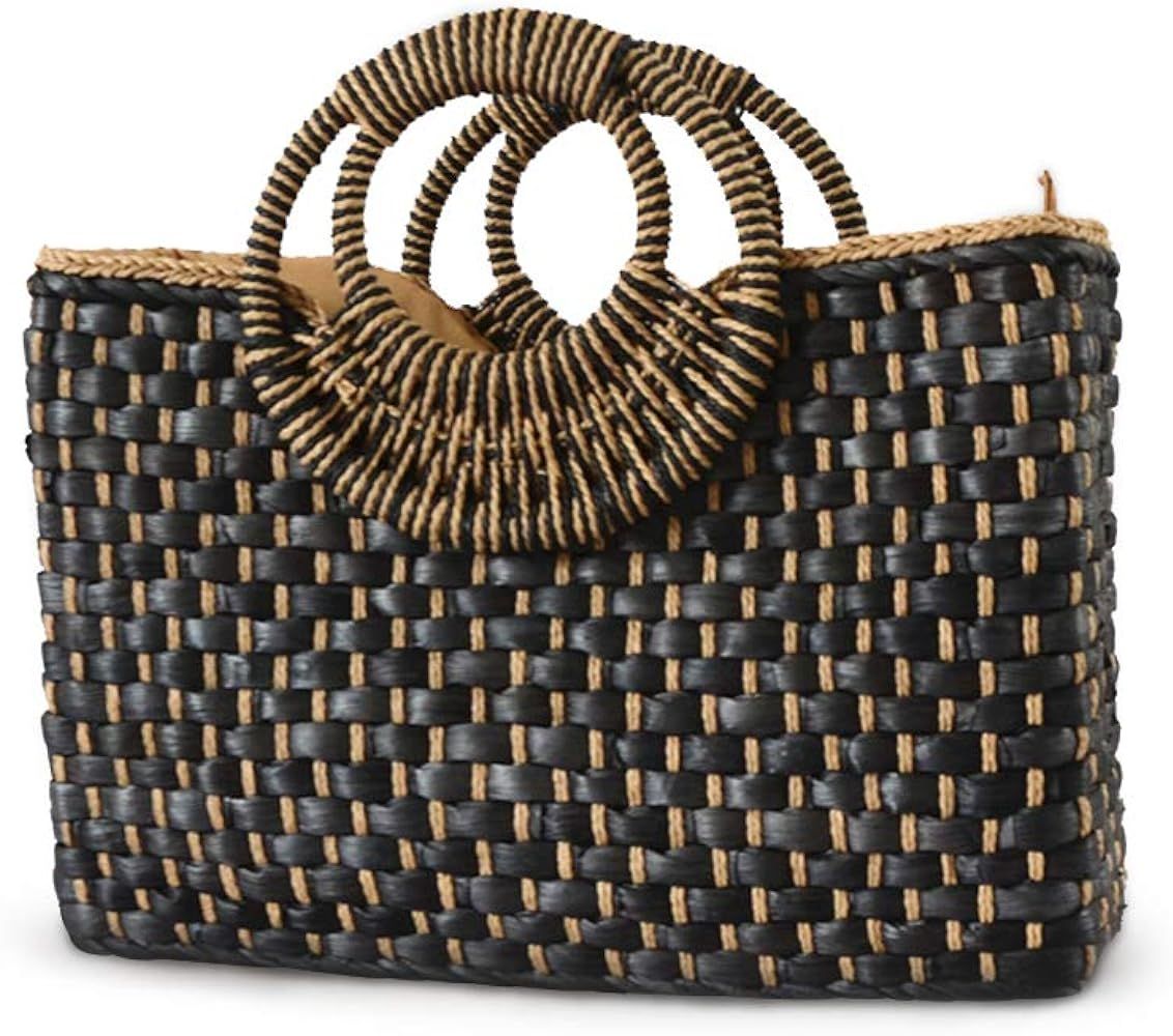 Amazon.com: QTKJ Women Summer Retro Straw Bag with Zip Hand-woven Beach Handbag Top Round Handle ... | Amazon (US)