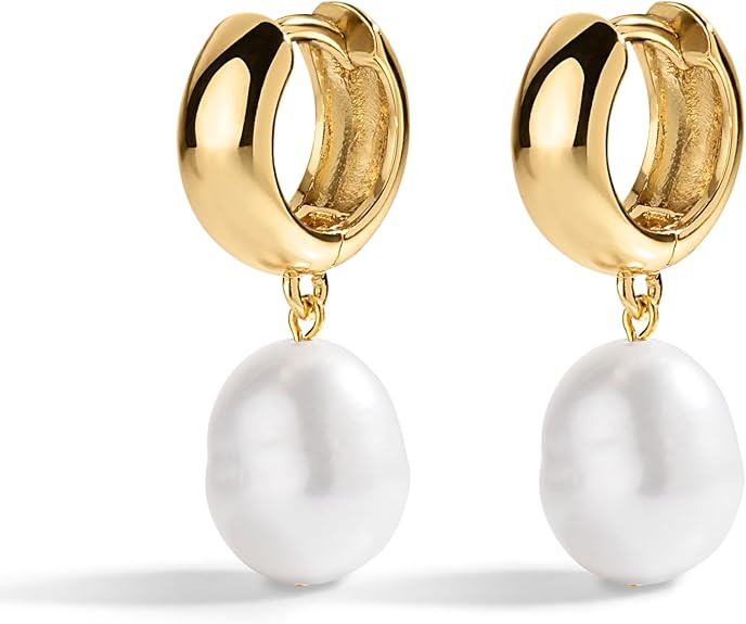 Electric Picks San Tropez Huggie Hoop Earrings - 14kt Gold Plated Pearl Earrings, Lightweight Ear... | Amazon (US)