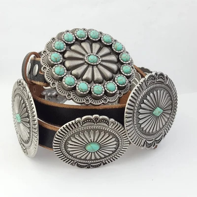 Cowhide and Conchos Genuine Distressed Leather Western Concho Belt with Faux Turquoise Stone Buckle - Genuine Distressed Leather Western Concho Belt with Faux Turquoise Stone Buckle | Shop.com