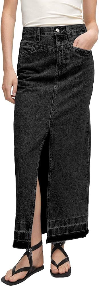 Wenrine Women's High Waisted Denim Skirts Frayed Hem Front Split Jean Maxi Skirt with Pockets | Amazon (US)