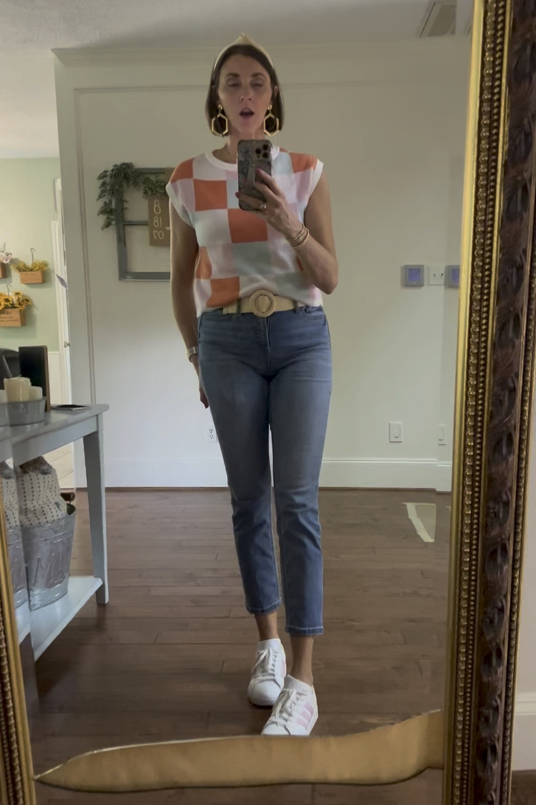 Teacher outfit 
Back to school
Capped sleeve lightweight sweater in my tts small
Straight leg jeans with a high waist, tts 4
Raffia belt and headband
Super cute and comfy fashion sneakers 

#LTKOver40 #LTKU #LTKShoeCrush