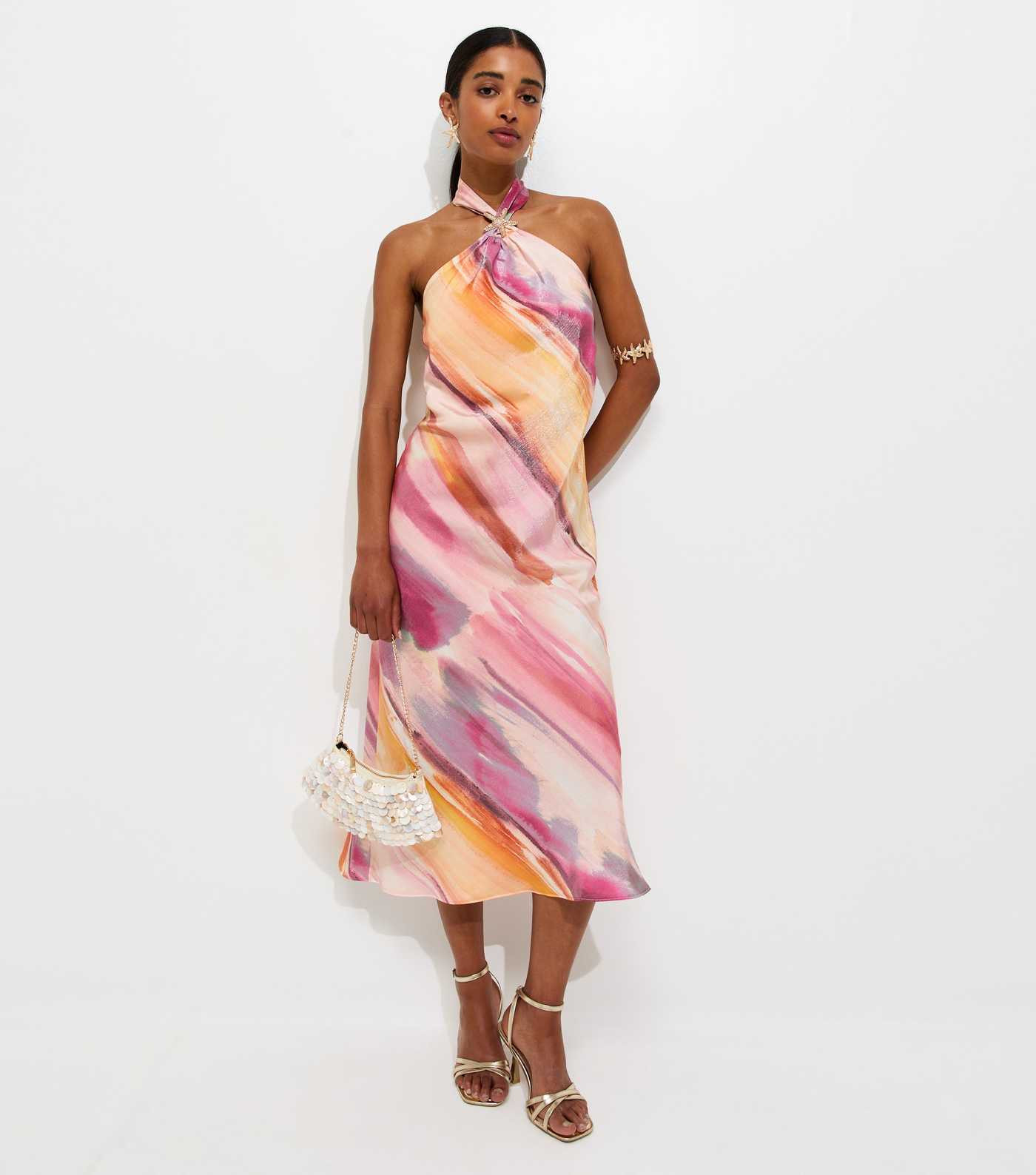 Pink Diagonal Blurry Stripe Halterneck Midi Dress | New Look | New Look (UK)