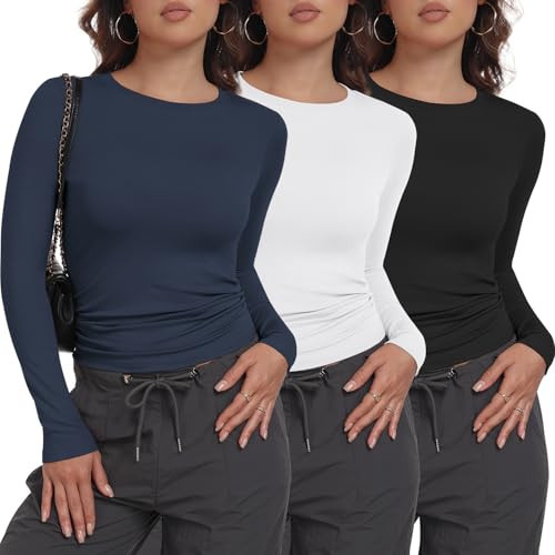 MLYENX 3 Pack Womens Long Sleeve Shirts Crew Neck Basic Stretchy Fitted Y2K Tops Going Out Fashion Clothes | Amazon (US)