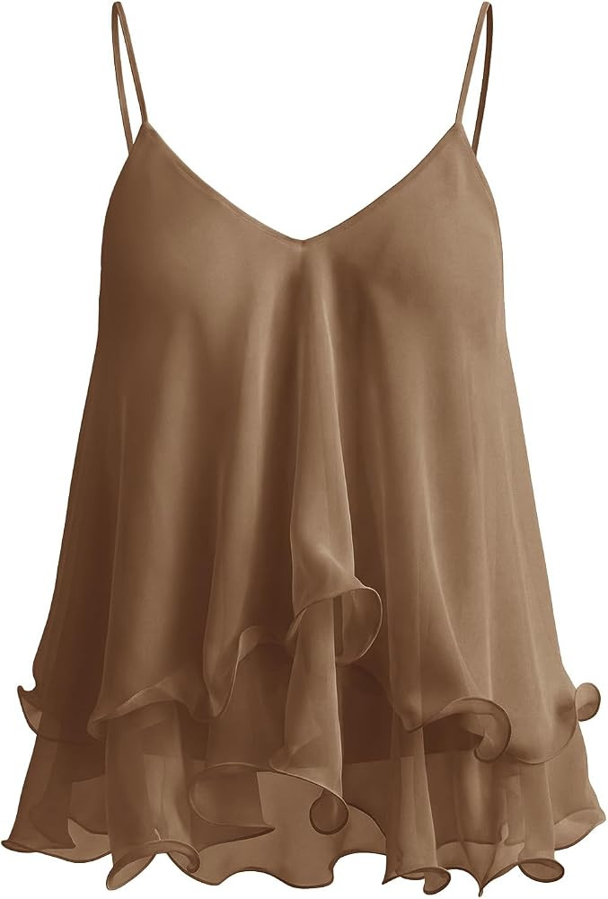 Women's Ruffled Chiffon Camisole Top Flowy Layered Spaghetti Strap Tank Elegant V Neck Blouse Dre... | Amazon (US)
