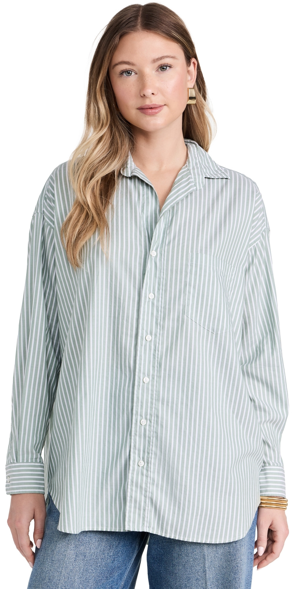 Frank & Eileen Oversized Button Up Shirt Green Stripe M | Shopbop