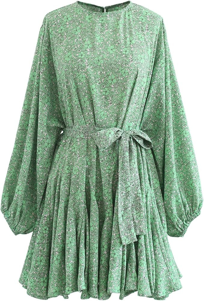 CHICWISH Women's Rose Painting/Navy Floral/Green Floret Bubble Sleeves Frilling Mini Dress | Amazon (US)
