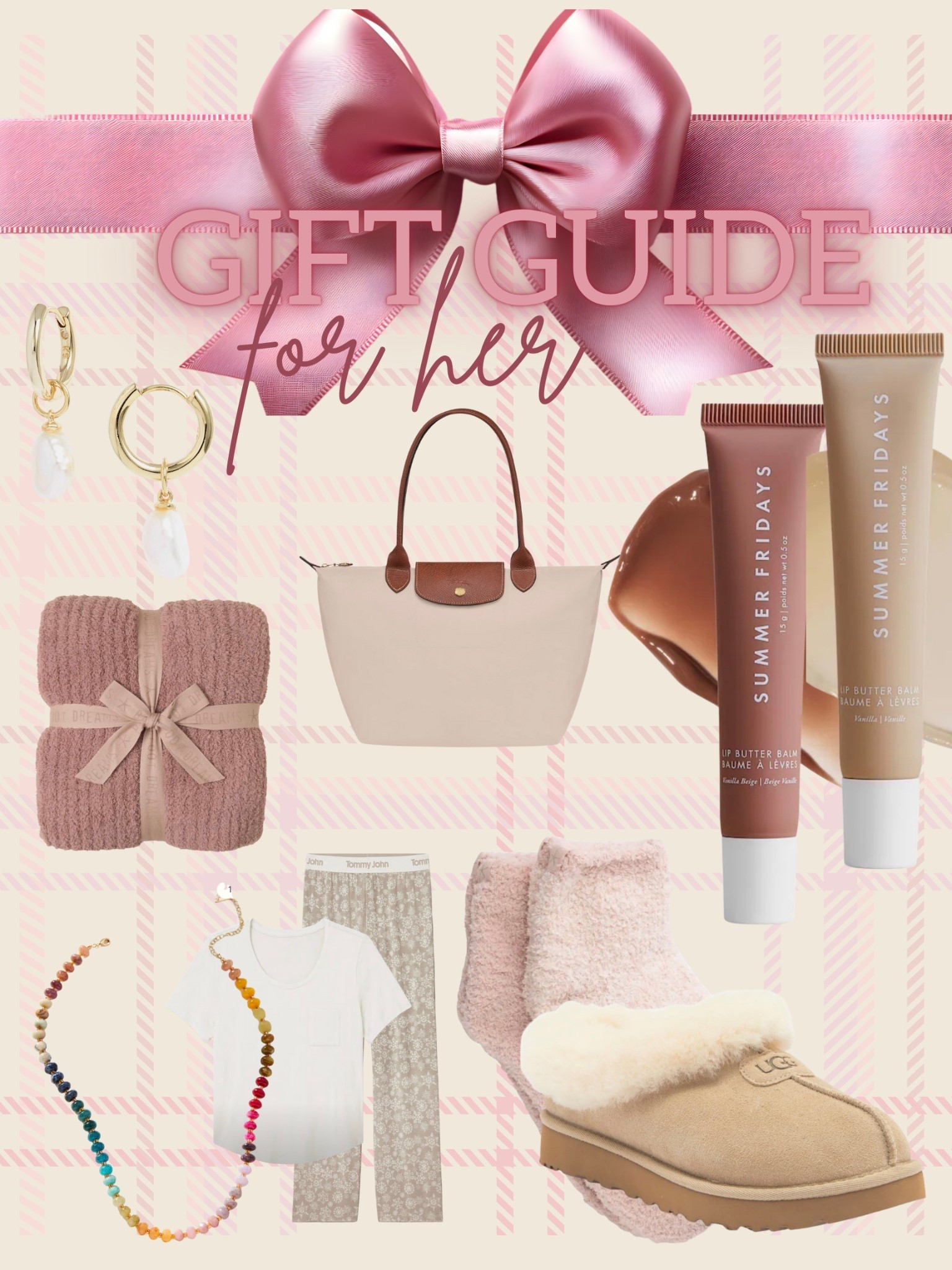 Trendy gifts for her. Long champ bag. Summer Fridays lip butter. Earrings. Necklace. Barefoot dreams blanket. Barefoot dreams socks. UGGs.

#LTKCyberWeek #LTKGiftGuide #LTKSaleAlert