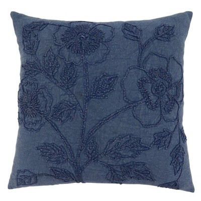 20"x20" Oversize Floral Design Stone Washed Poly Filled Square Throw Pillow Blue - Saro Lifestyle: Cotton, Indoor Decorative Cushion, Zippered | Target