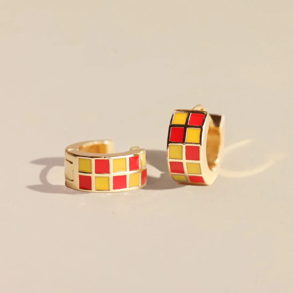 Red & Yellow Checkered Enamel Huggies | Nickel and Suede
