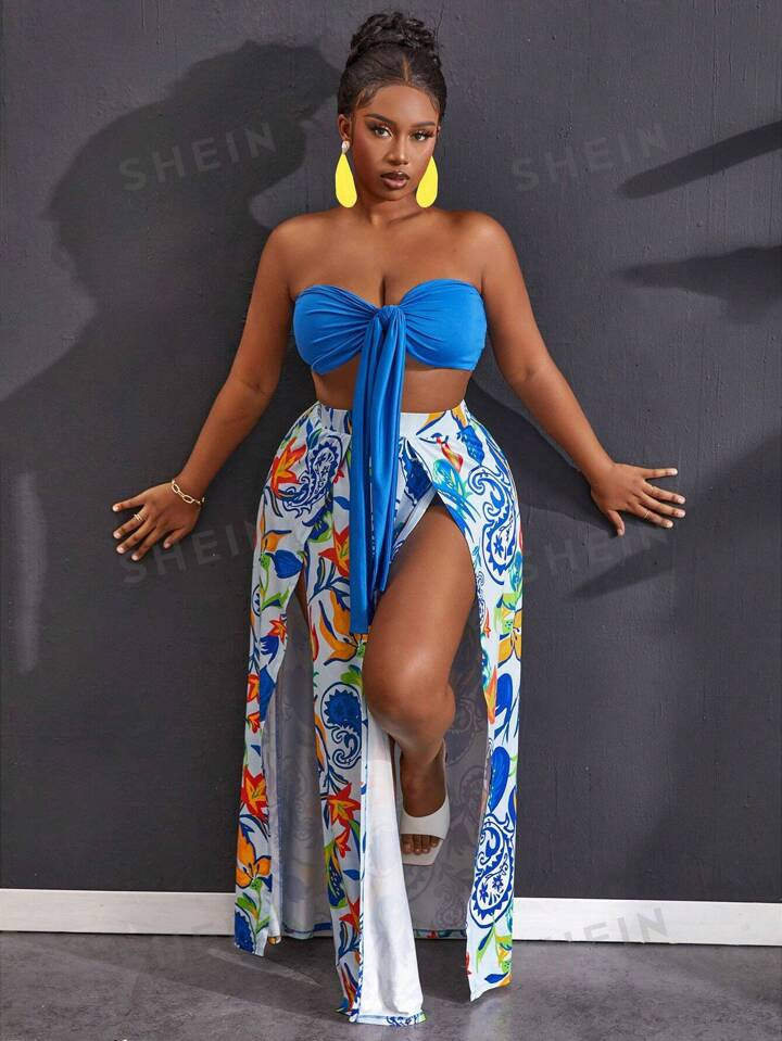 SHEIN Slayr Plus Size Women's Solid Color Front Knot Crop Top And Botanical Printed Skirt Set | SHEIN