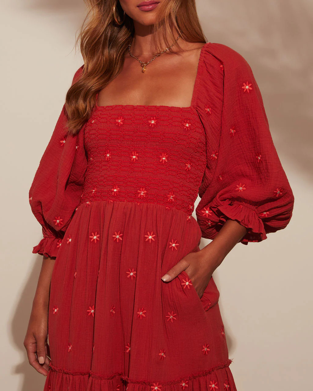 Jemma Smocked Puff Sleeve Tiered Midi Dress | VICI