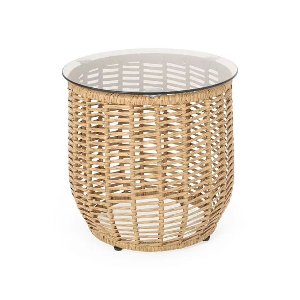 Kriday Wicker Side Table with Tempered Glass Top, Light Brown | Walmart (US)