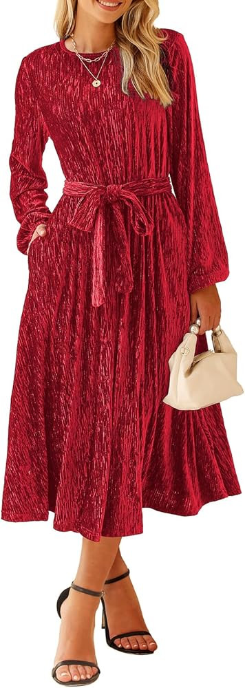Happy Sailed Women's Velvet Dress Fashion Spring Lantern Sleeve High Waist A-Line Long Formal Par... | Amazon (US)