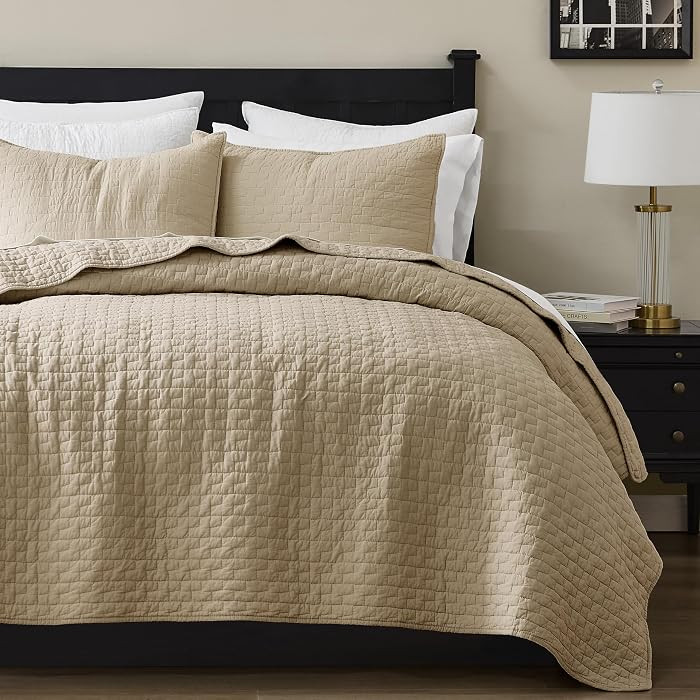 Dark Beige 100% Cotton Quilt King Size Bedding Sets with 2 Pillow Shams, Textured Lightweight Sof... | Amazon (US)