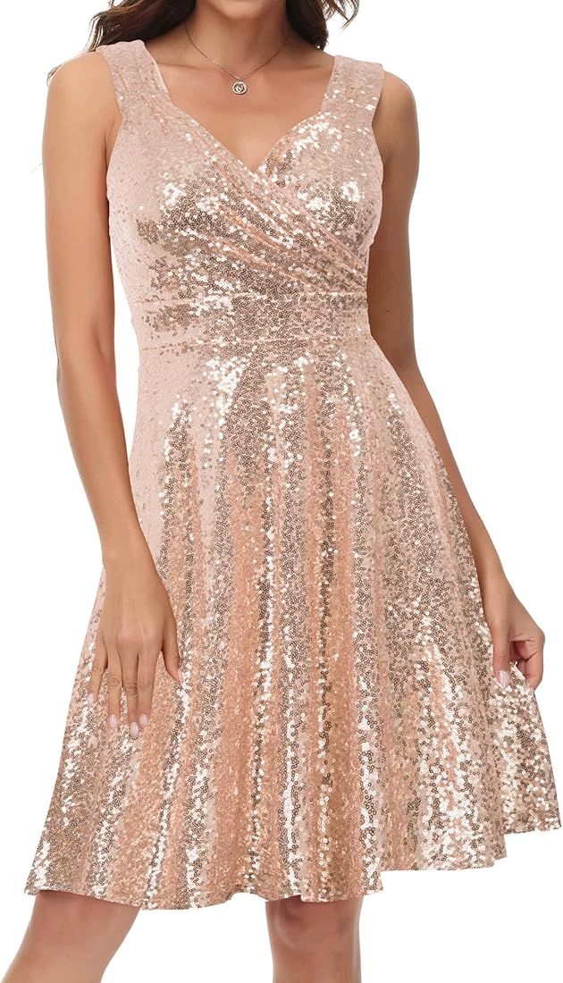 GRACE KARIN Women's Sequin Glitter V-Neck Party Dress Winter Velvet A-Line Dress Lace Evening Dress | Amazon (US)
