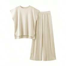 Womens Summer Solid Color Sleeveless Sweater Vest And Loose Knitted WideLeg Pants TwoPiece Set | SHEIN