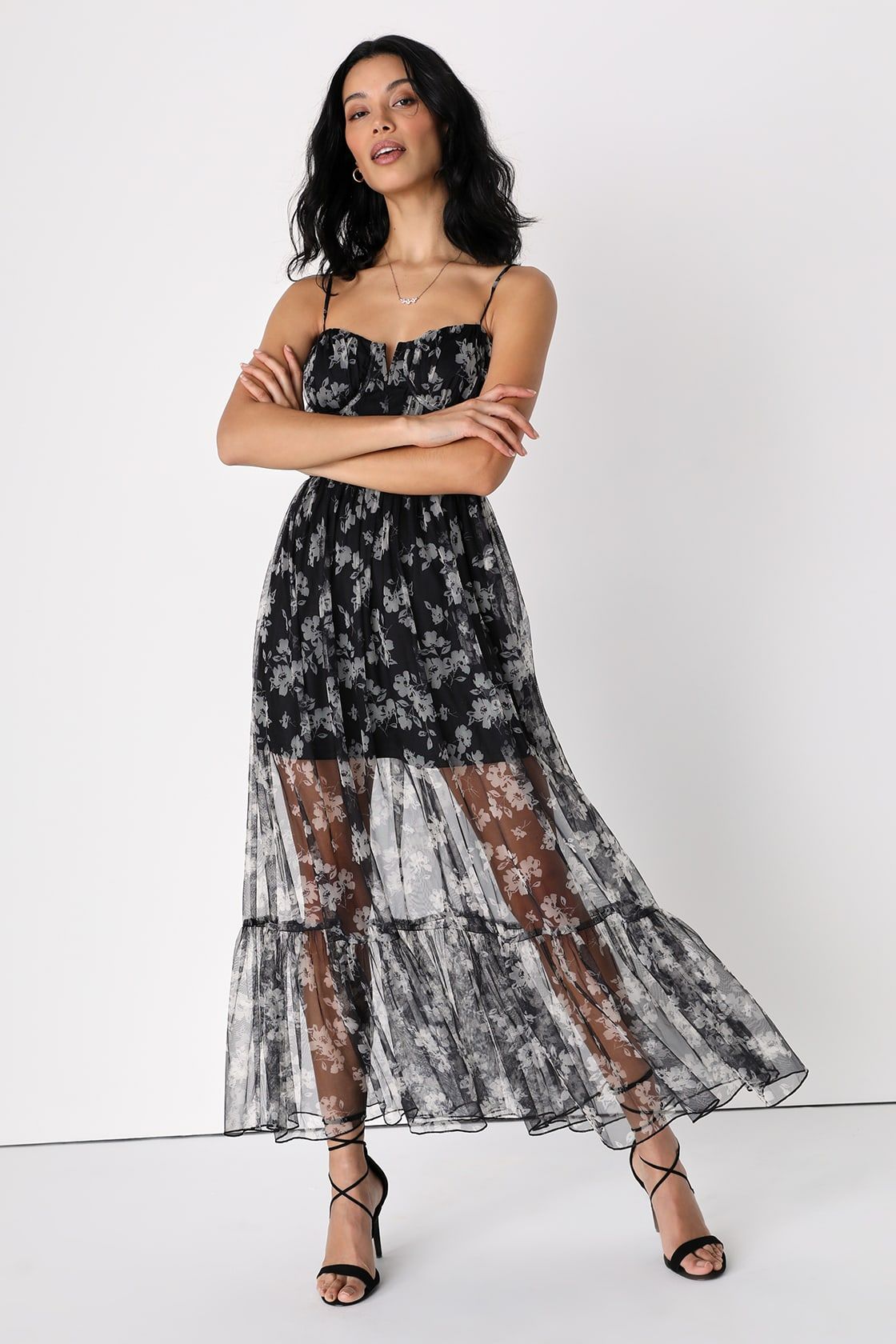 Everlasting Chic Black Floral Print Tulle Bustier Maxi Dress | Lulus (US)