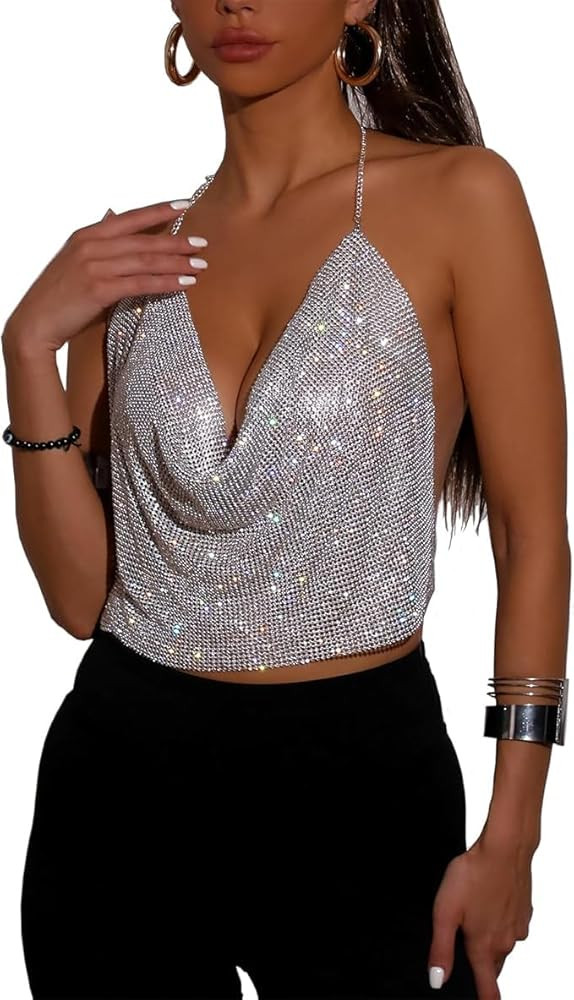 Women Rhinestone Tops Sparkly Sexy Deep V Backless Crop Top Sleeveless Hanging Neck Metal Chain C... | Amazon (US)