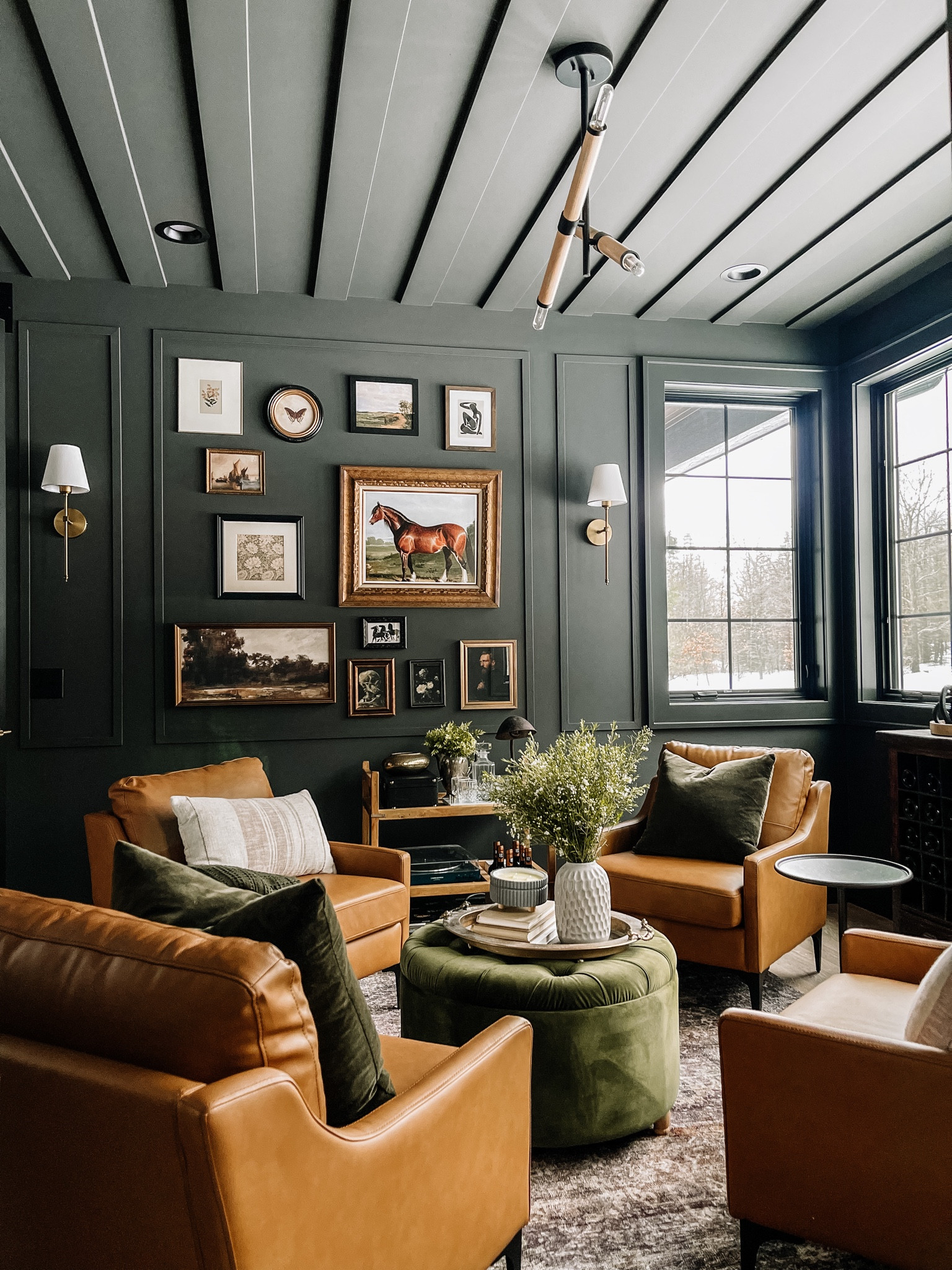 Wine room, cocktail room, gallery wall, sconces, leather chairs, ottoman, chandelier

#LTKhome