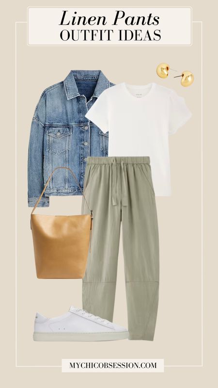 Style barrel leg linen pants from Everlane with a slim white tee, a denim jacket from J.Crew, a leather tote bag, and white sneakers.

#LTKStyleTip #LTKSeasonal