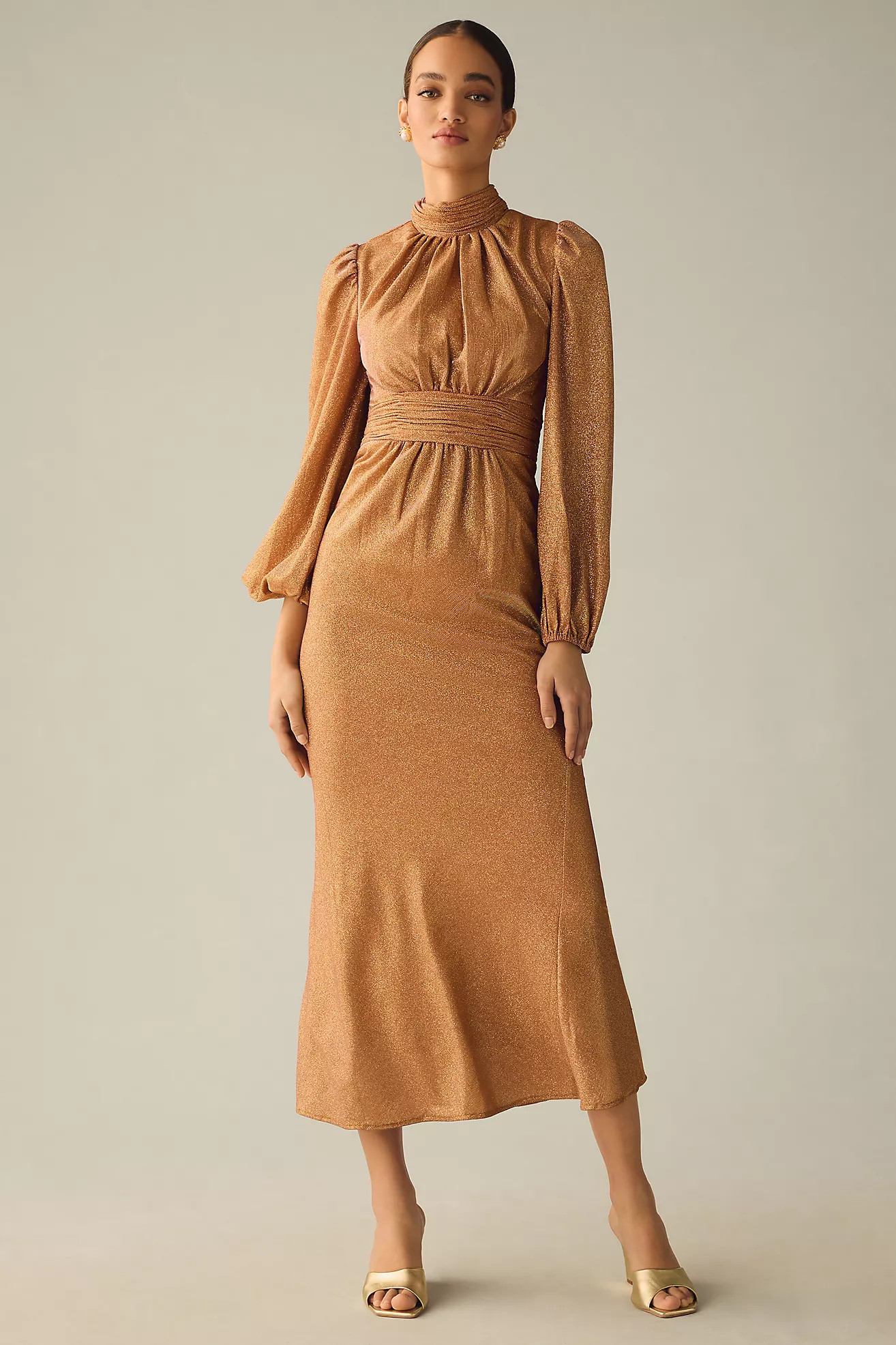 Mac Duggal Draped Puff-Sleeve Trumpet Midi Dress | Anthropologie (US)