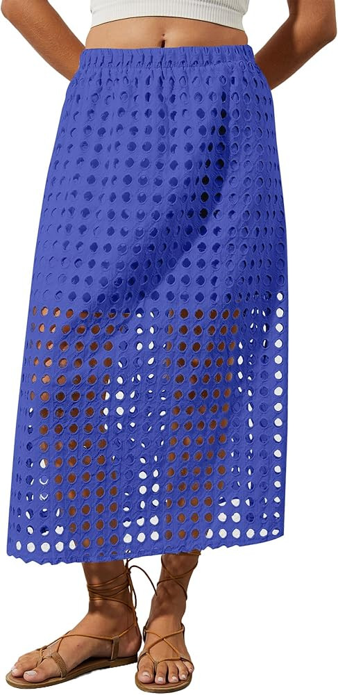 2025 Summer Casual Long Skirt for Women Hollow Out Midi Skirt Eyelet Beach Skirt | Amazon (US)