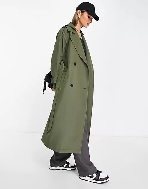 ASOS DESIGN trench coat with hood in khaki | ASOS (Global)