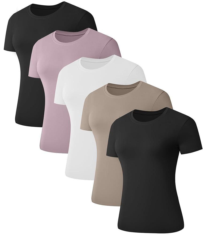 1/5 Pack Women's Short Sleeve Basic T Shirts Tees, Slim Fit Crew Neck Tshirt Summer Tops for Casu... | Amazon (US)