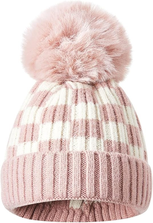vchoohce Toddler Kids Baby Beanie Hat Knitted Thick Winter Caps Cute Checkerboard Pompom Hats for... | Amazon (US)