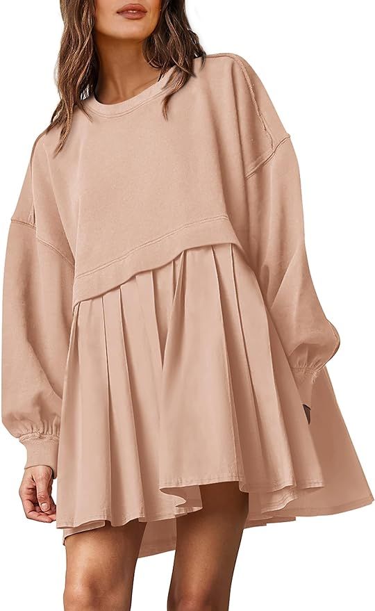 PRETTYGARDEN Women's Casual Sweatshirt Dress Long Sleeve Patchwork Pullover Tops Pleated Mini Dre... | Amazon (US)