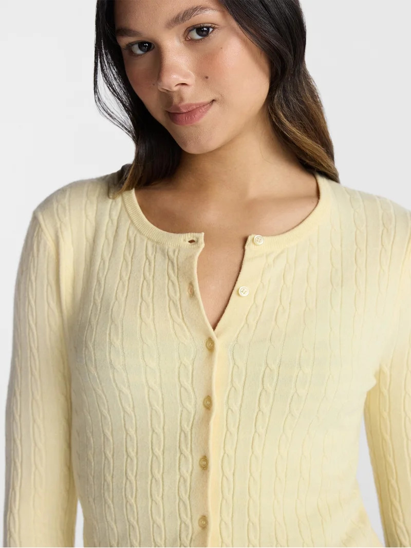 No Boundaries Cable Knit Crewneck Cardigan, Women's XXS-4X | Walmart (US)