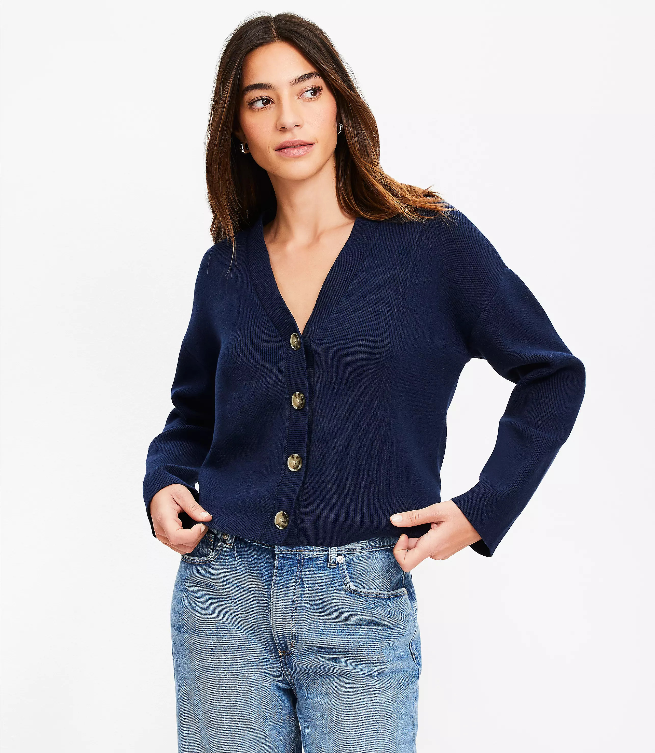 Ribbed Wide Sleeve V-Neck Cardigan | LOFT