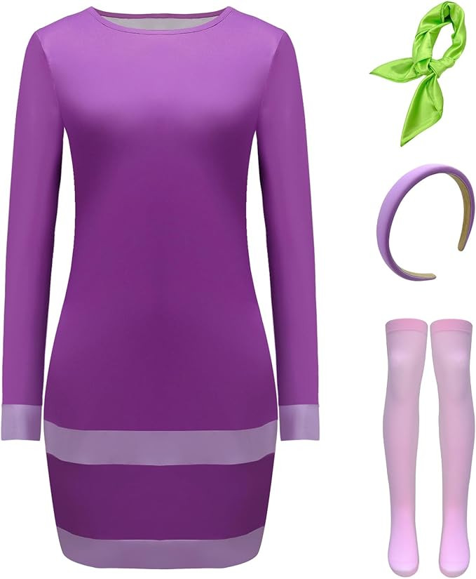 Womens Halloween Costume Purple Dress Cosplay Outfits with Green Scarf and Headband | Amazon (US)