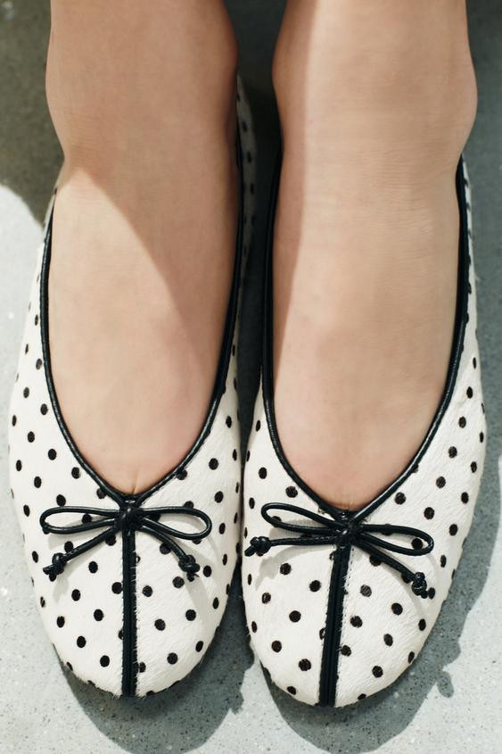 Zara - Printed Leather Ballet Flats - White - 2 - Woman | Zara UK