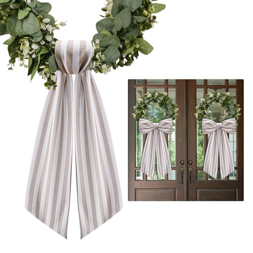2 Pack Wreath Sash for Front Door Stripe Boxwood Sash Garland Porch Decor Wreath Accessories (Beige and White Stripe) | Amazon (US)