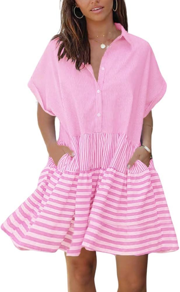 chouyatou Women Summer Beach Short Sleeve Striped Shirt Dress Button Down Tiered Mini Tunic Babyd... | Amazon (US)